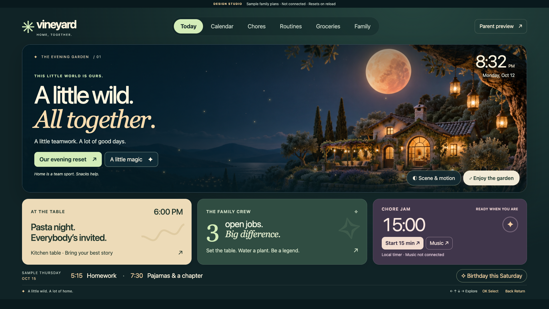 Vineyard Home’s moonlit garden and family dashboard